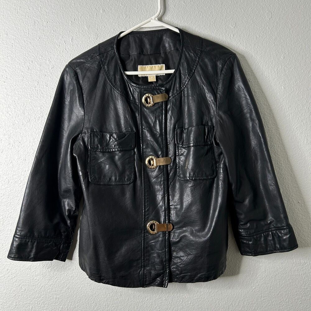 Michael Michael Kors Womens Leather Jacket Collarless 3/4 Sleeve Medium
